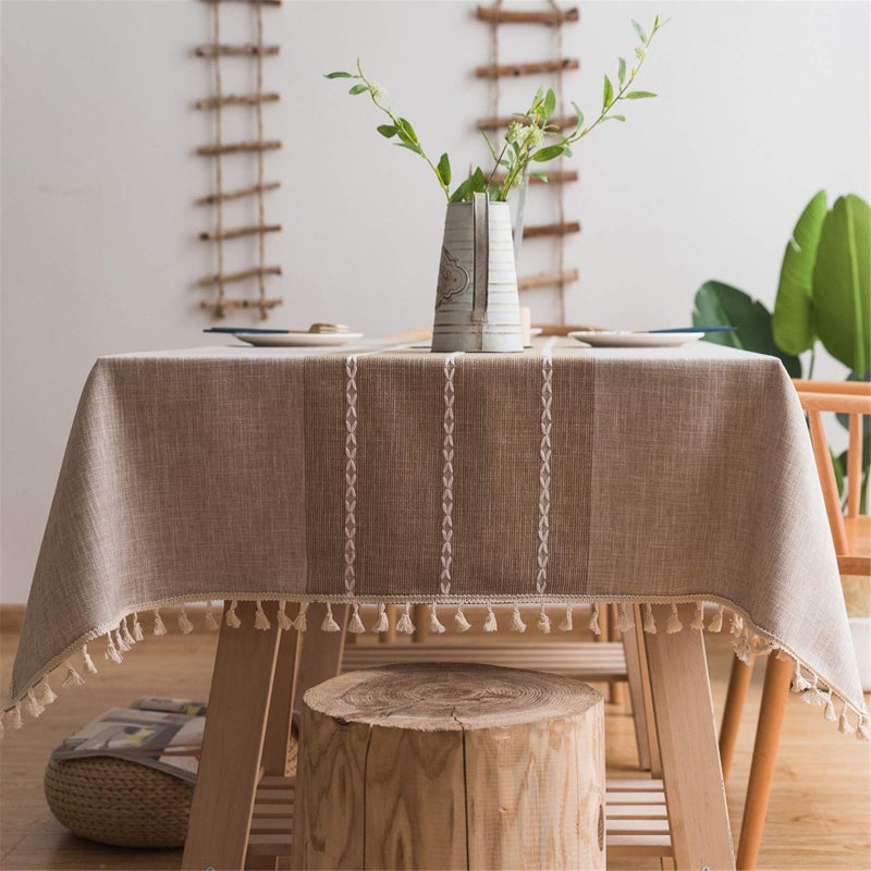 Dimatic Heavy Weight Cotton Linen Tablecloth - Round 60 Inch Tablecloth - Tassel Stitching Table Cover for Kitchen Dining Room Tabletop Decoration - Beige - Image 1